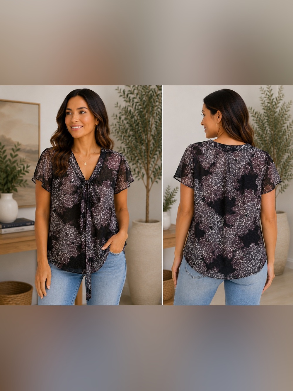 Gap Sheer Silk Blend Dark Floral Blouse Tie Neck Short Sleeve L